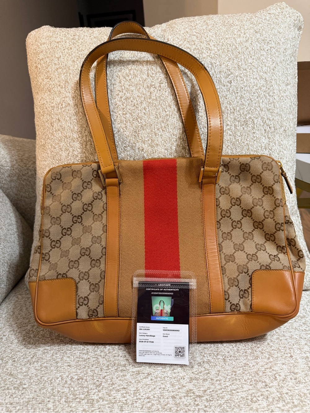 Gucci Beige Brown Monogram Tote with Red Center Stripe